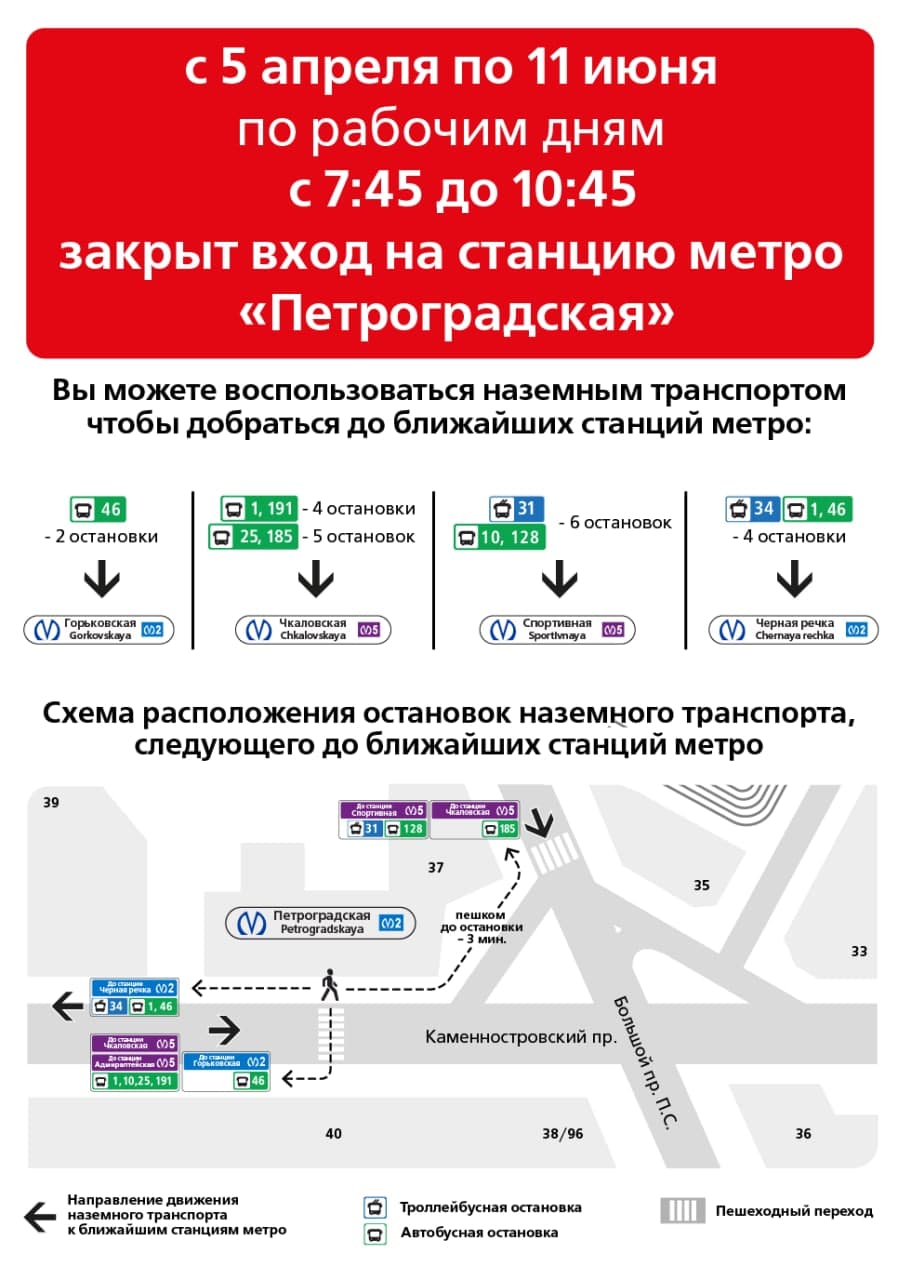 С 5 апреля по 11 июня вход на станцию метро “Петроградская” будет закрыт в  утренние часы | СПб ГКУ 